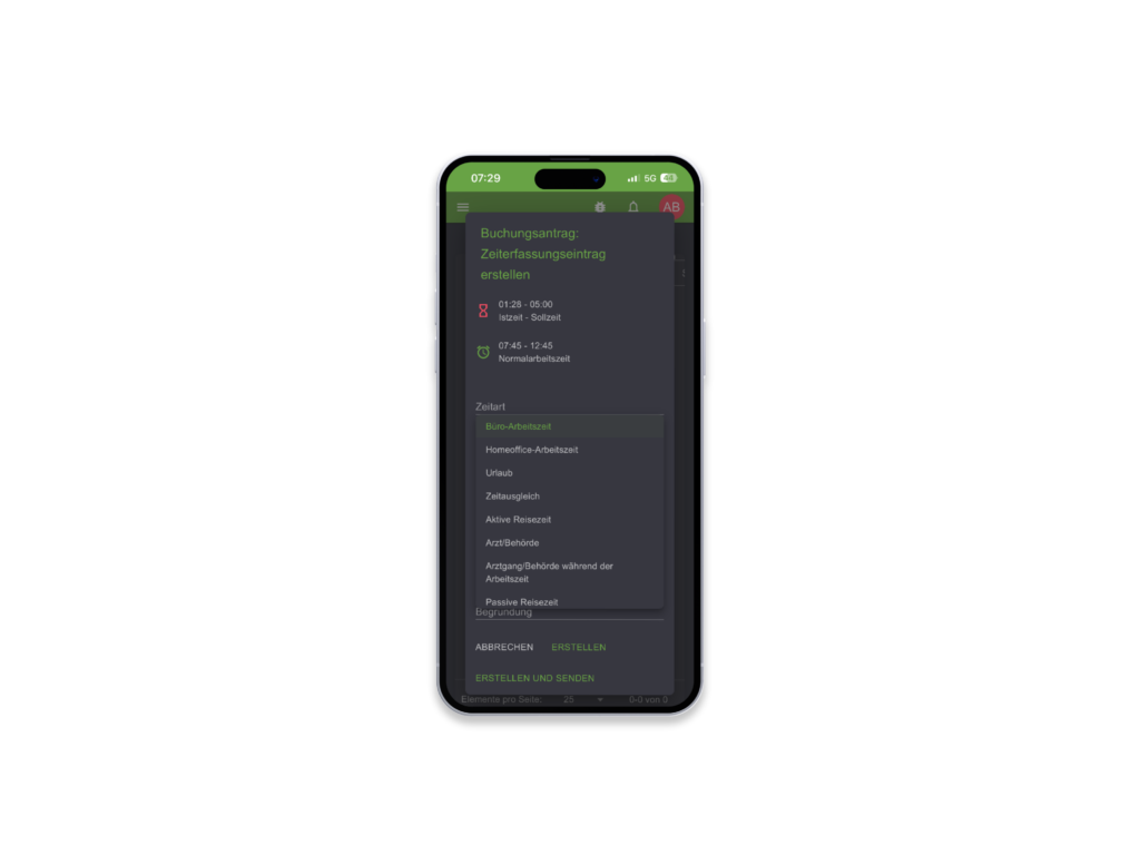 eCOUNT TIME | Ansicht eines Buchungsantrags am Smartphone im Dark Mode