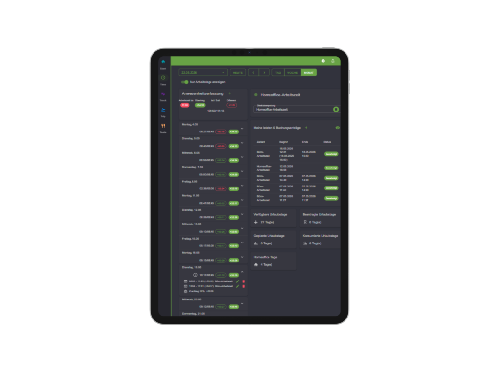eCOUNT TIME | Ansicht am Tablet im Dark Mode