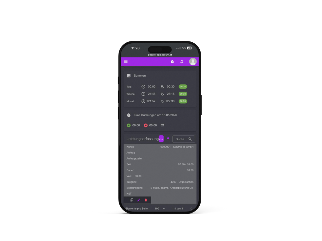 eCOUNT TRACK | Mobile Ansicht der digitalen Leistungserfassung