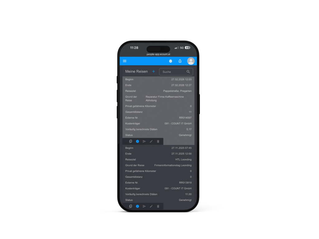 eCOUNT TRIP | Ansicht von Dienstreisen am Smartphone
