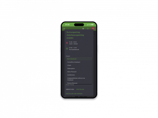 eCOUNT TIME | Ansicht eines Buchungsantrags am Smartphone im Dark Mode