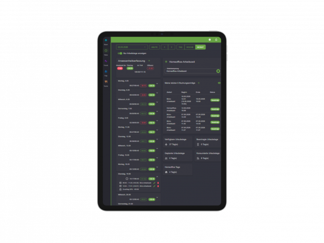 eCOUNT TIME | Ansicht am Tablet im Dark Mode